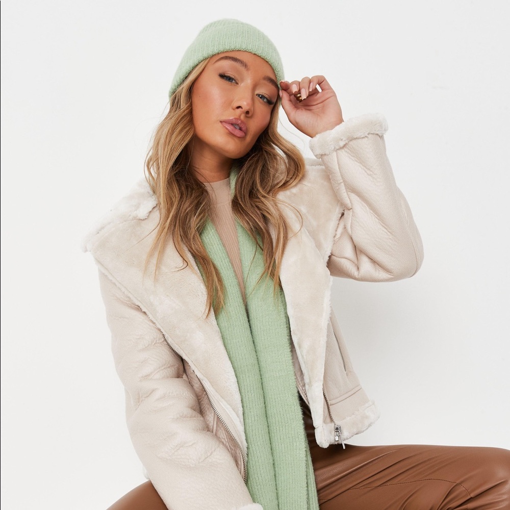 Misguided Sage Rib Fluffy Scarf and Beanie Hat Set